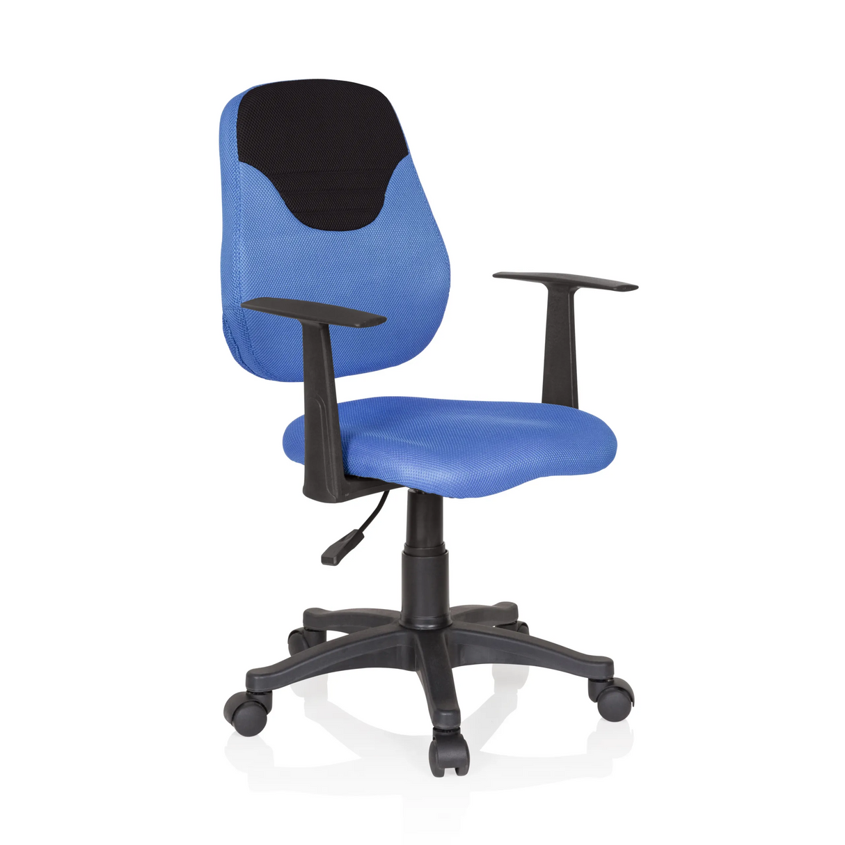Blauer Kinderdrehstuhl KIDDY STYLE mit Netzrücken, Armlehnen und Fußkreuz mit fünf Rollen von hjh OFFICE – 360-Grad-Ansicht (schräge Frontansicht 40°)
