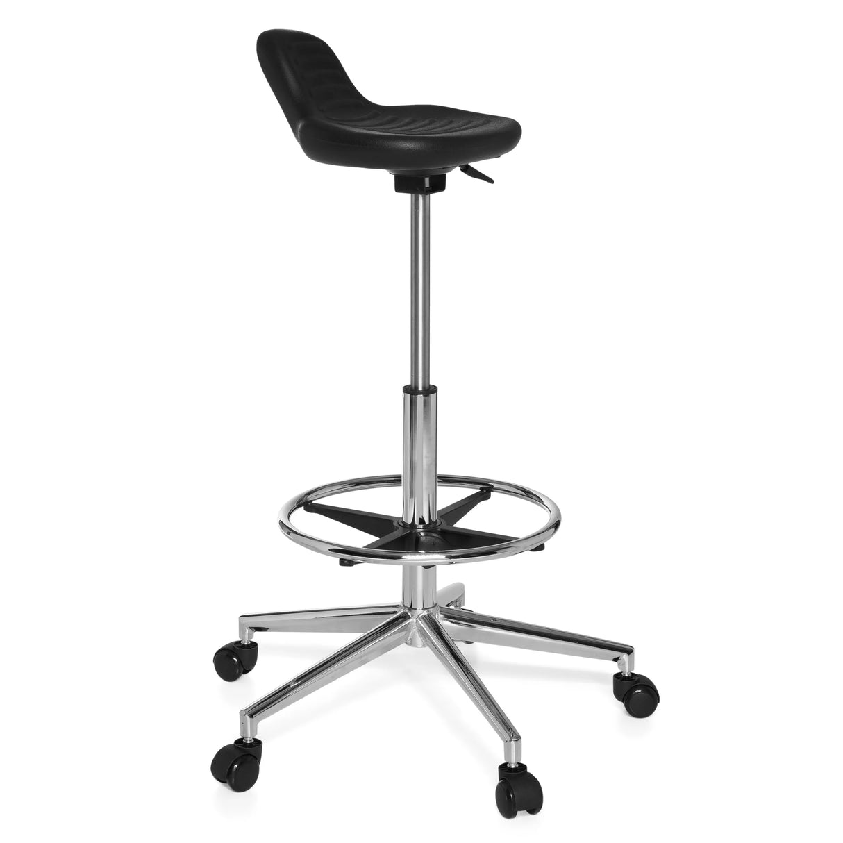 Schwarzer Drehhocker TOP WORK 03 mit Fußring und Fußkreuz mit fünf Rollen von hjh OFFICE – 360-Grad-Ansicht (schräge Frontansicht 60°)
