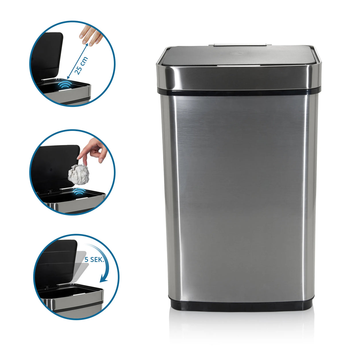 Sensor-Mülleimer CLEAN IV in Silber mit 25 cm Sensorabstand und fünf Sekunden Öffnungszeit von hjh OFFICE