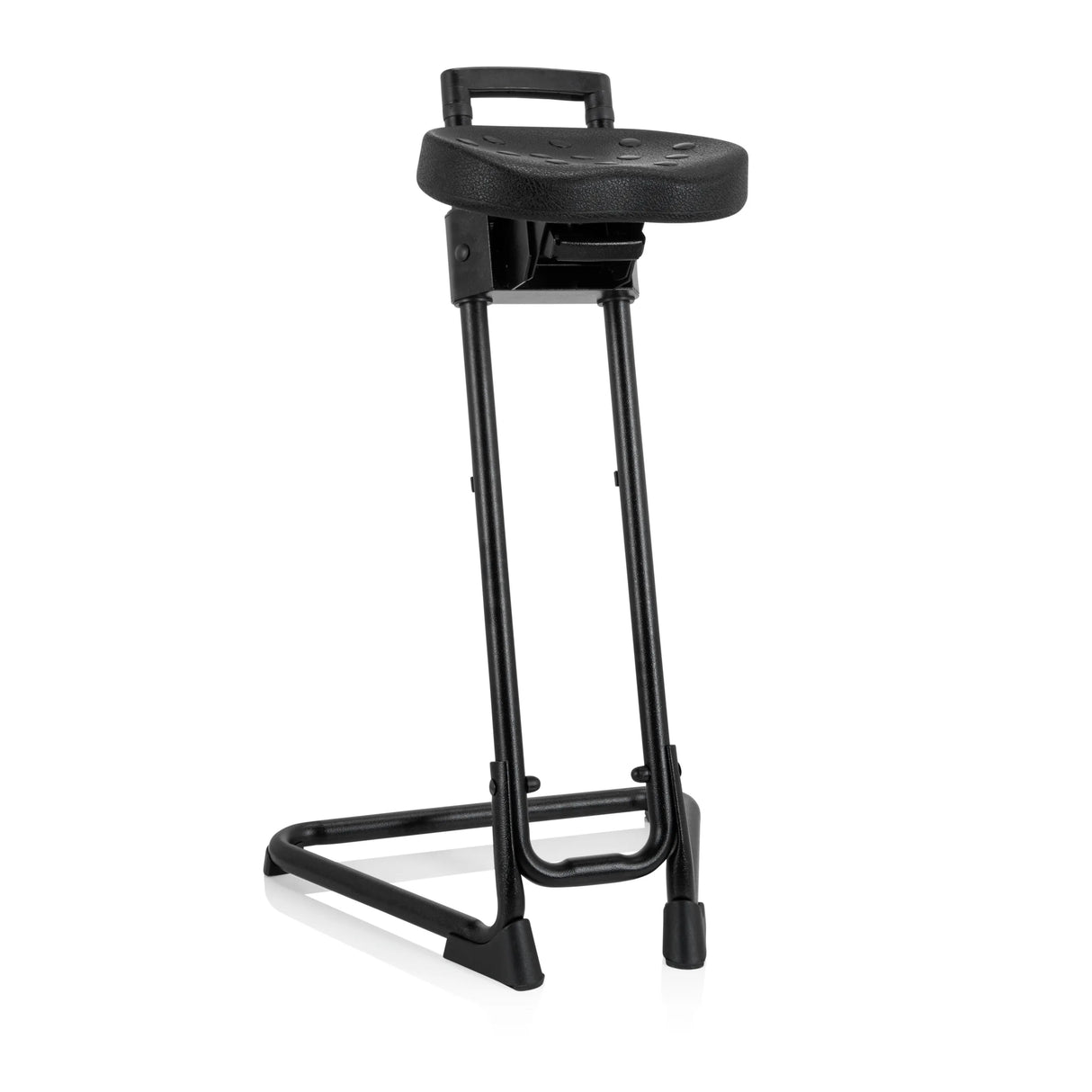 Schwarze Stehhilfe TOP WORK 32 mit gepolsterter Sitzfläche und U-förmigem Standfuß von hjh OFFICE – 360-Grad-Ansicht (Frontansicht 20°)