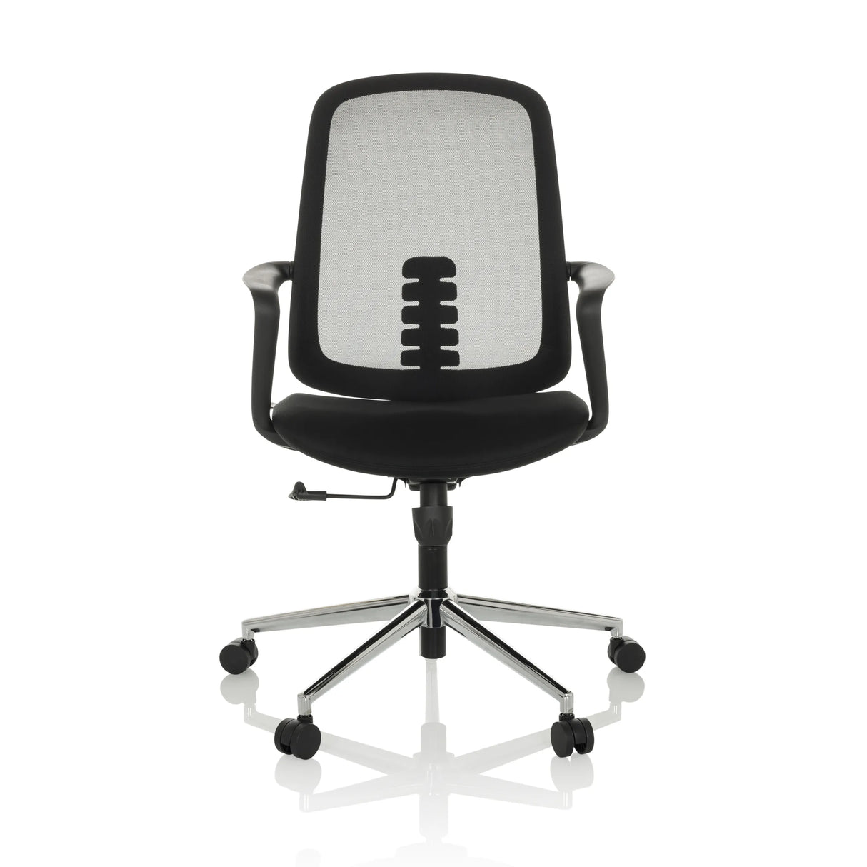 Schwarzer Homeoffice-Bürostuhl SEDIOLO B mit Netzrücken und Fußkreuz mit fünf Rollen von hjh OFFICE – 360-Grad-Ansicht (Frontansicht 0°)
