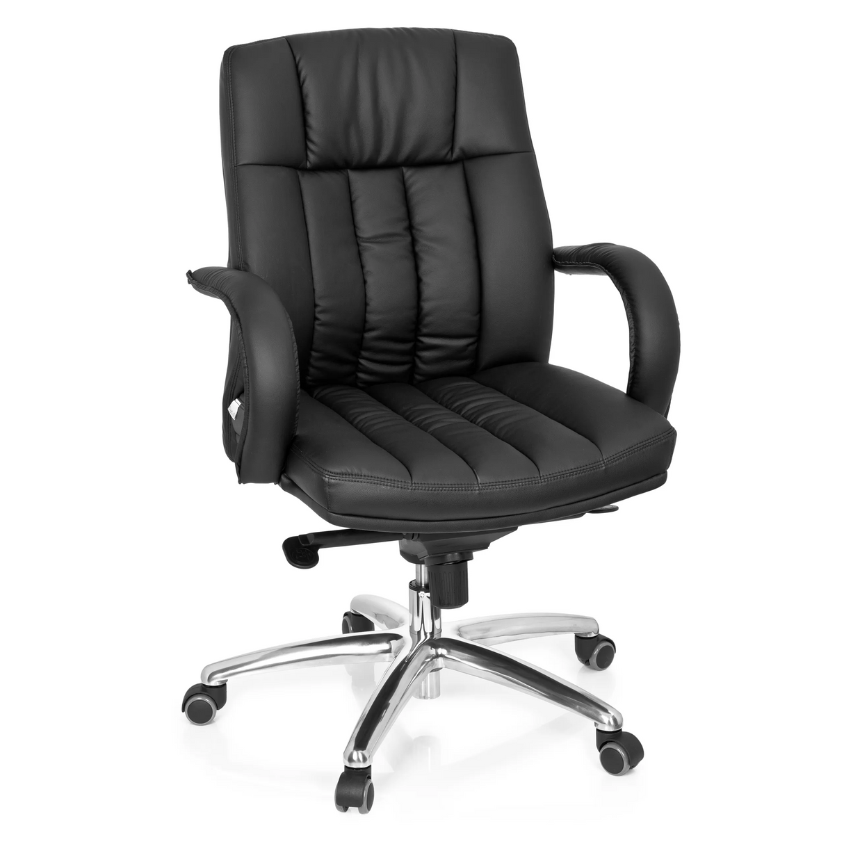 Schwarzer Drehstuhl XXL G 100 mit gesteppter Polsterung und Fußkreuz mit fünf Rollen von hjh OFFICE – 360-Grad-Ansicht (Frontansicht 20°)