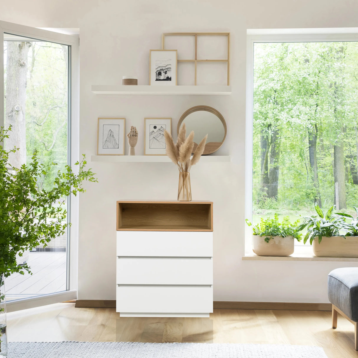 Kommode MELMO K in Weiß und Eiche mit drei Schubladen und offenem Fach von hjh LIVING