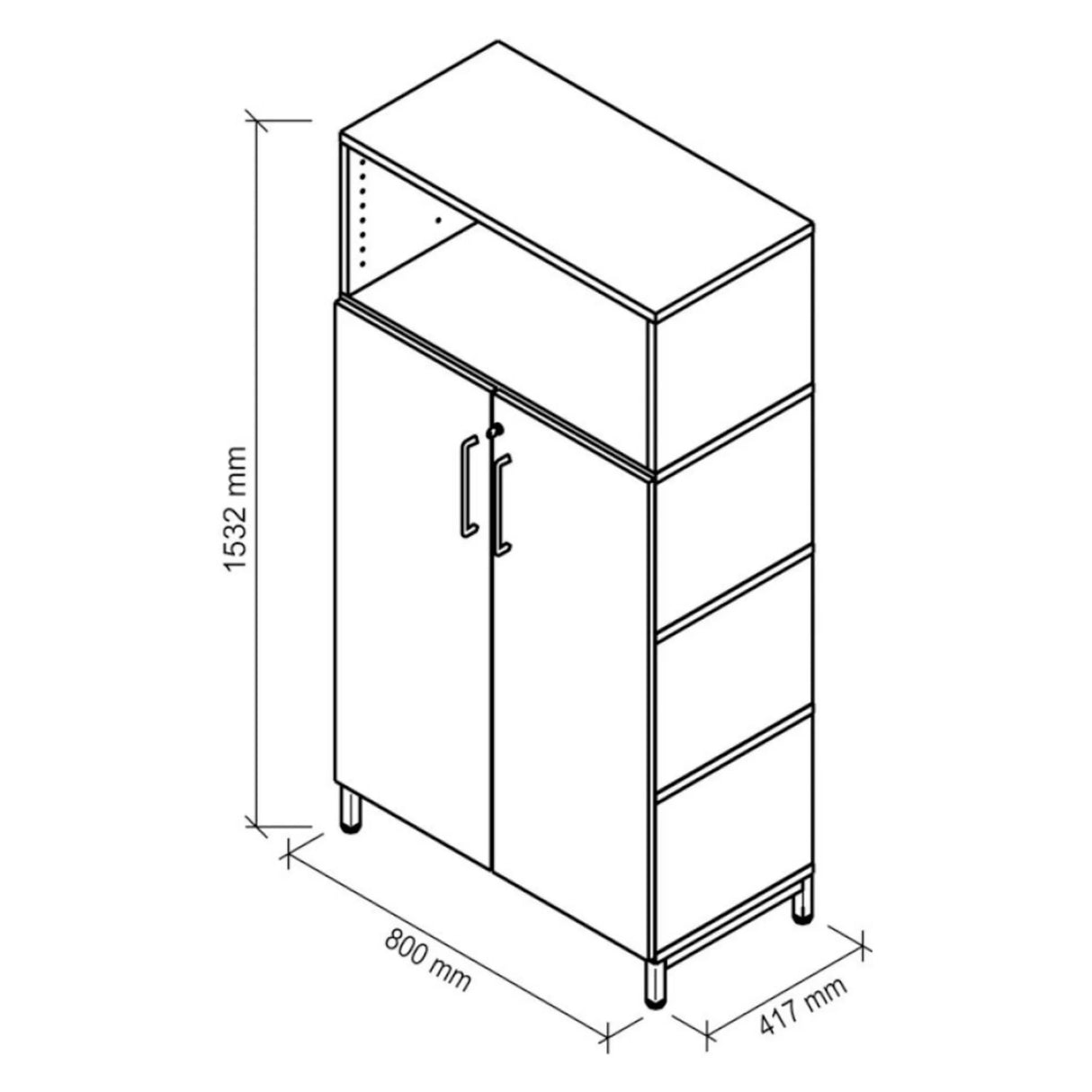 Technische Zeichnung des Aktenschranks FlexWall mit 1532 × 800 mm von hjh OFFICE PRO