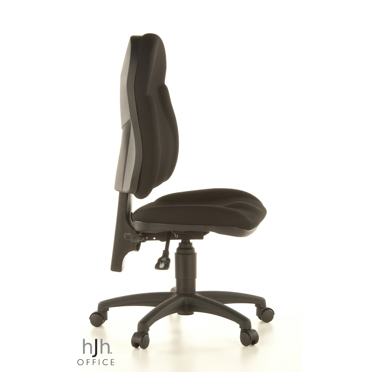 Schwarzer Homeoffice-Bürostuhl WELLPOINT 10 mit Fußkreuz und fünf Rollen von Topstar – 360-Grad-Ansicht (Seitenprofil 80°)