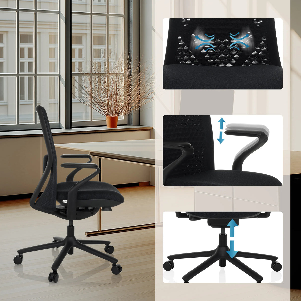 Atmungsaktive Rückenlehne, höhenverstellbare Armlehnen und Gasfeder des High-End-Bürostuhls VERVIO von hjh OFFICE