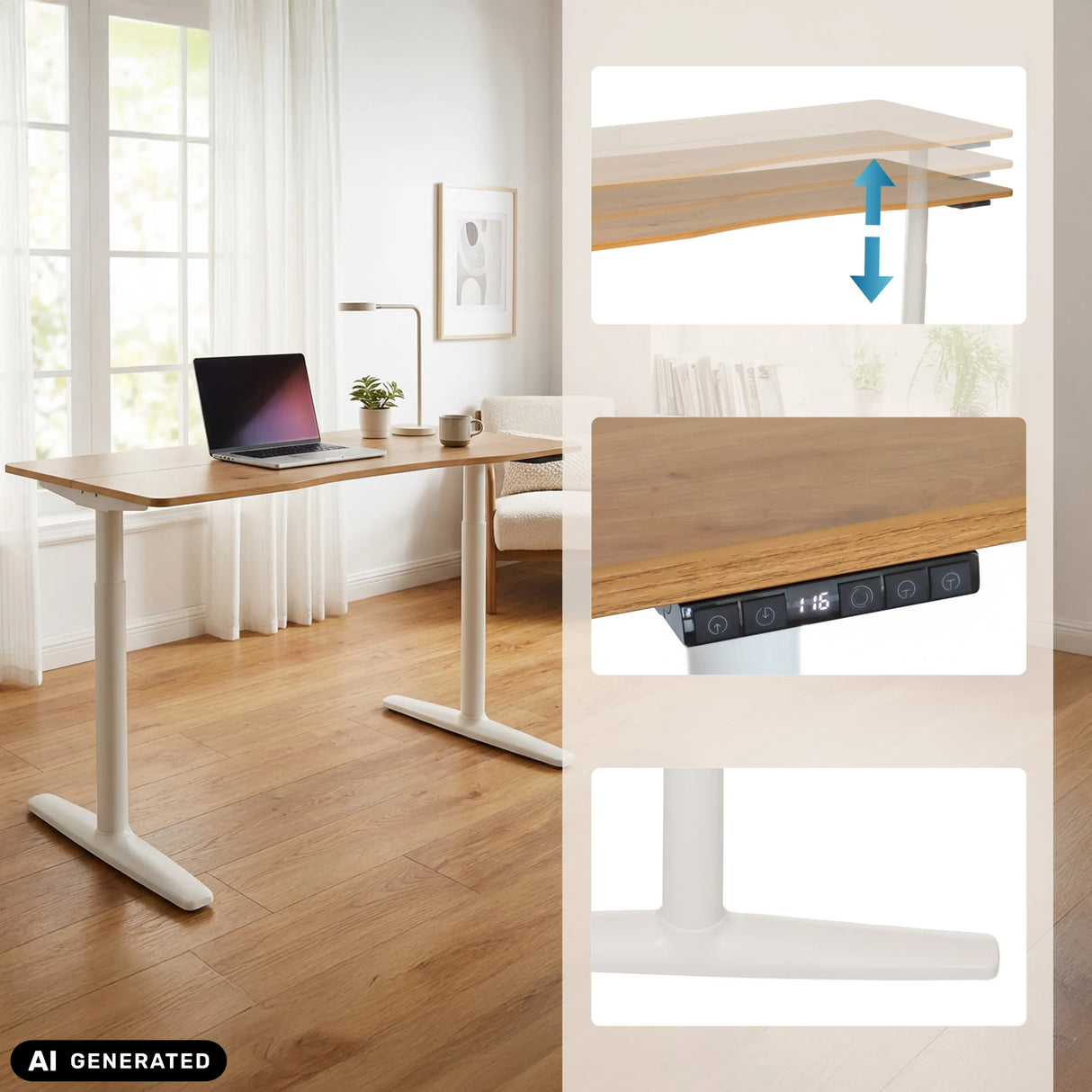 Elektrisch höhenverstellbarer Schreibtisch STAND PRO R in Eiche mit Digitalanzeige von hjh OFFICE (KI-generiertes Bild)
