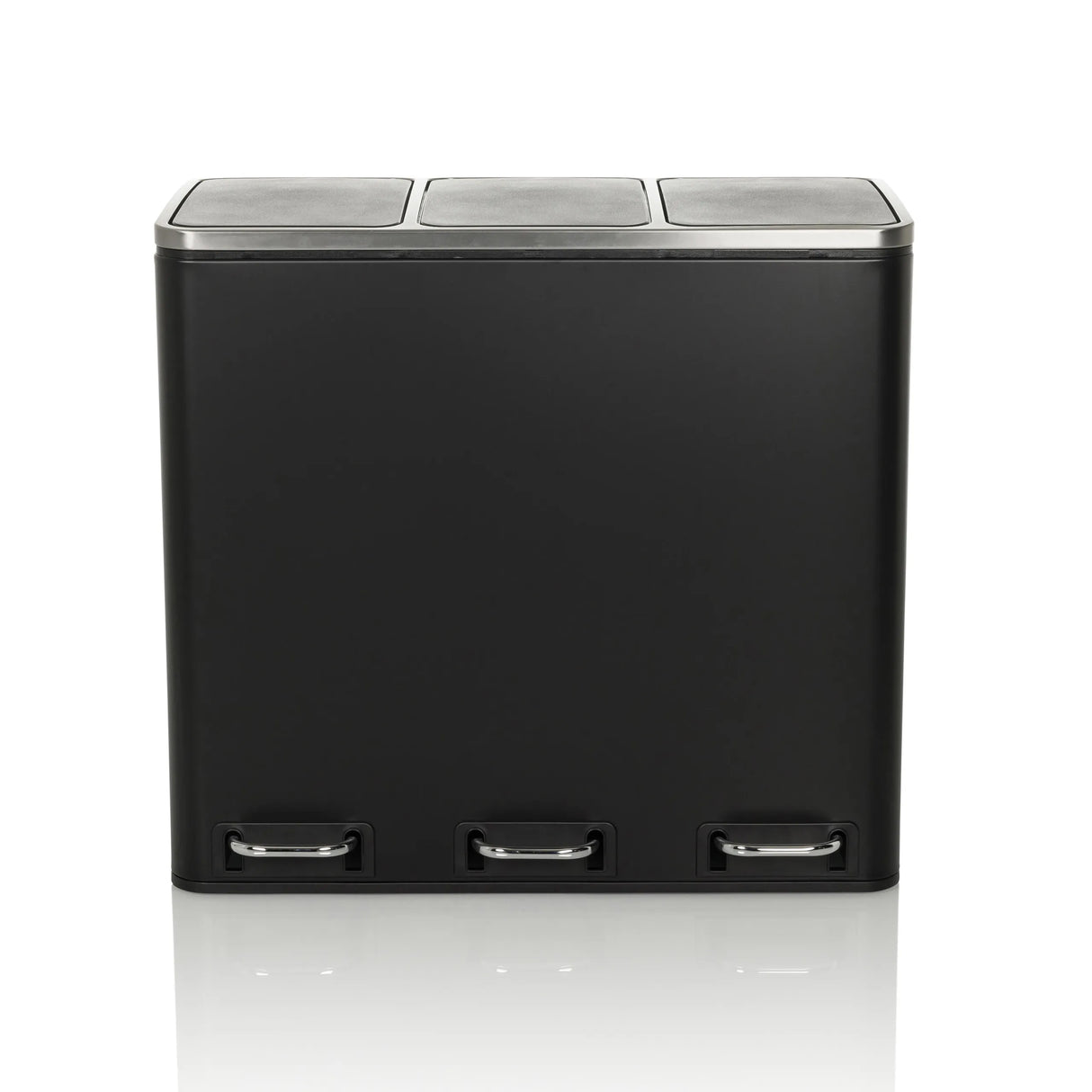 Schwarzer Mülleimer Clean 9 mit drei Fächern, silbernen Deckeln und Trittpedalen von hjh OFFICE – 360-Grad-Ansicht (Frontansicht 0°)