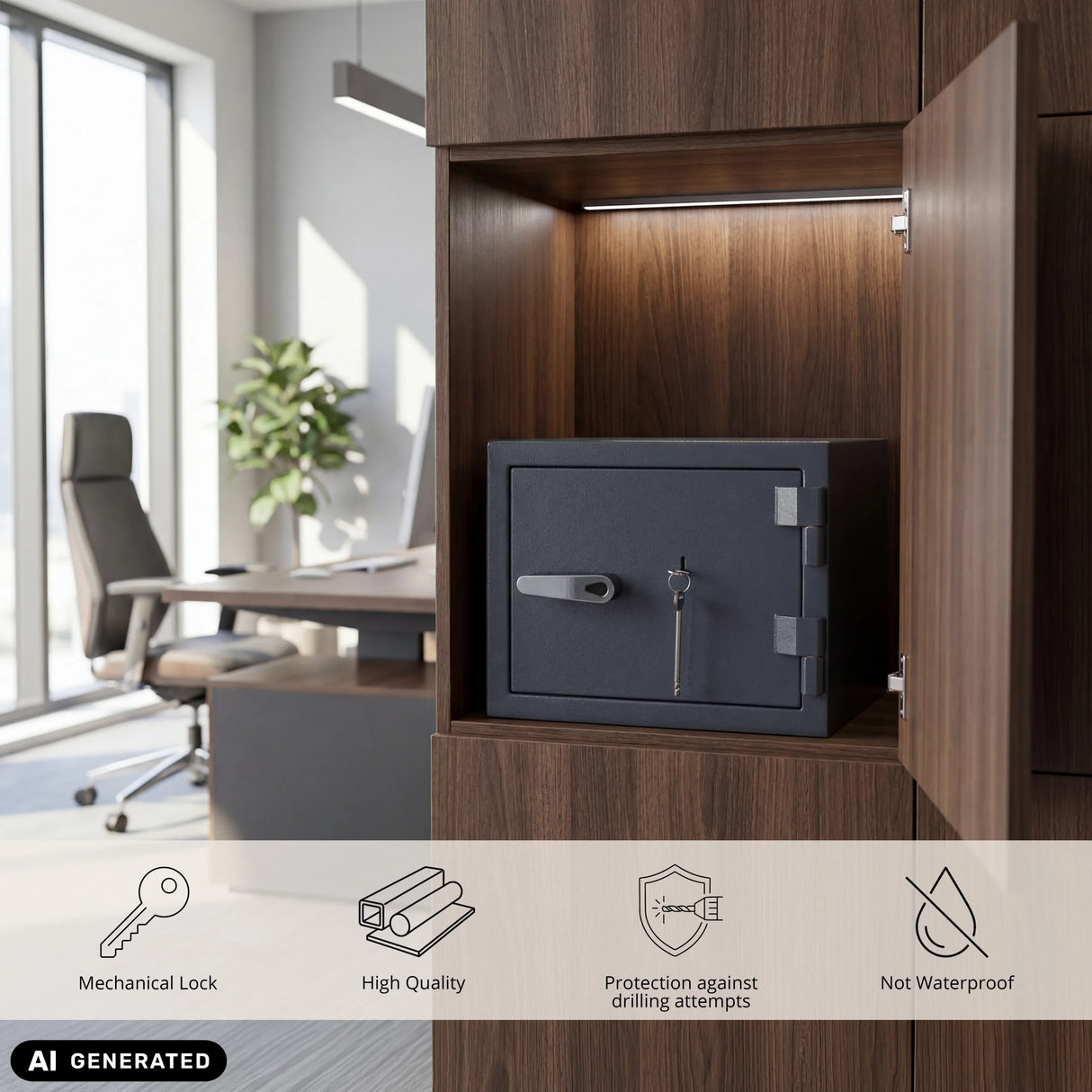 Anthrazitfarbener Tresor Safe Compact Pro mit mechanischem Schloss in einem Schrank von hjh OFFICE (KI-generiertes Bild)