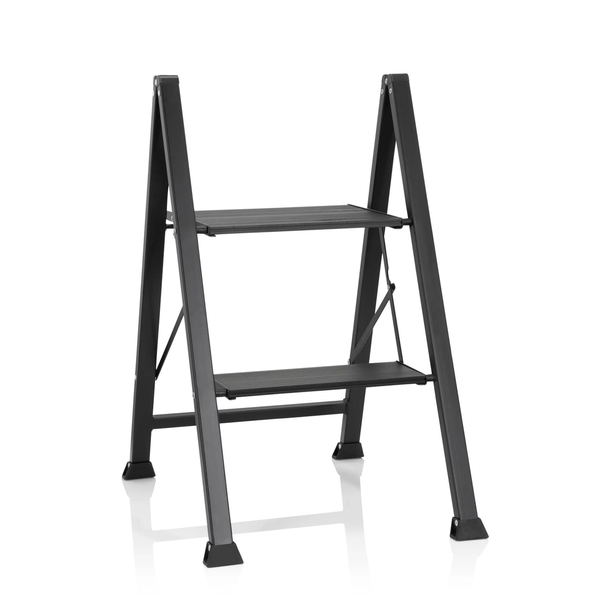 Schwarze Klappleiter SOLID W5 mit zwei Stufen von hjh OFFICE – 360-Grad-Ansicht (Frontansicht 20°)