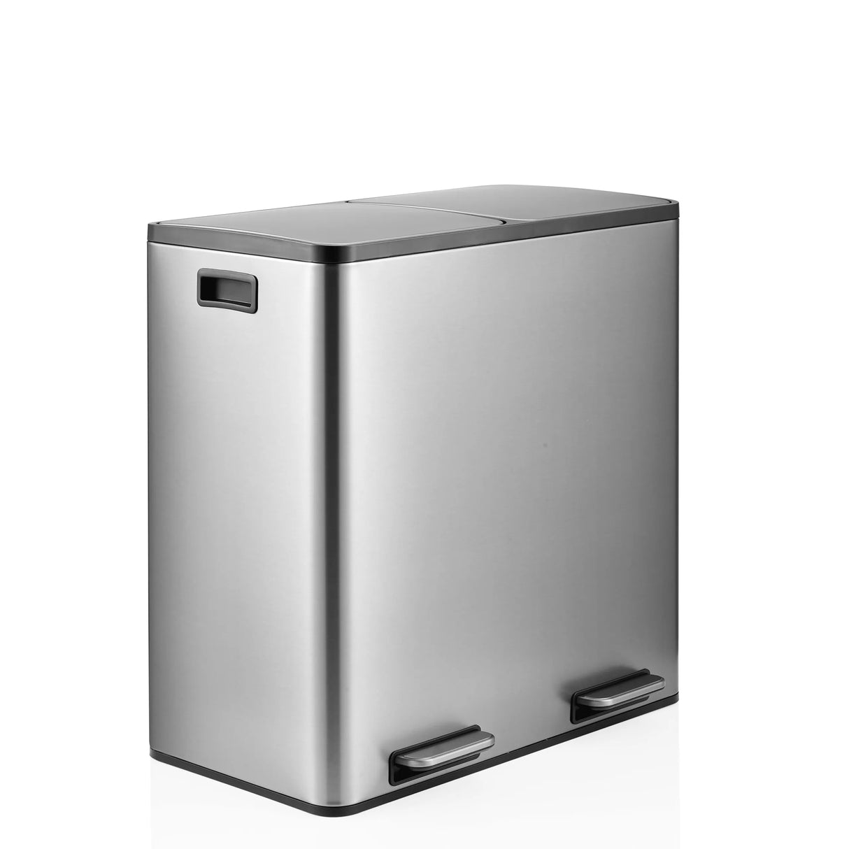 Silberner Mülleimer Clean 13 S mit zwei Fächern und Trettpedalen von hjh OFFICE – 360-Grad-Ansicht (schräge Frontansicht 45°)