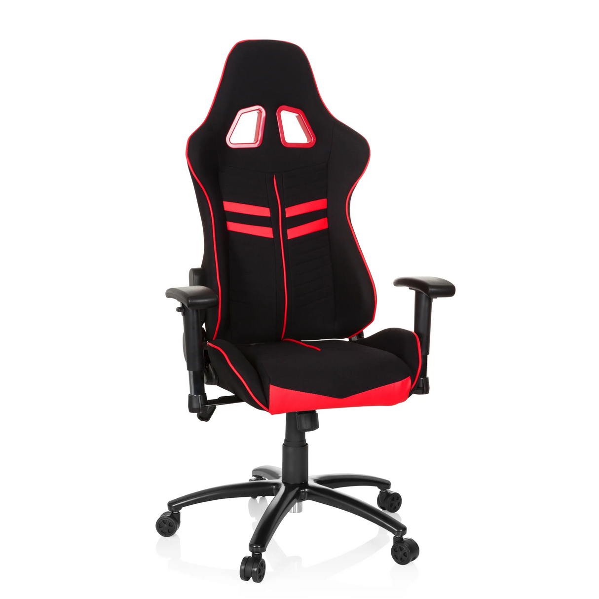 Schwarz-roter Gamingstuhl LEAGUE PRO I mit zwei Kopfstützen-Öffnungen und Fußkreuz mit fünf Rollen von hjh OFFICE – 360-Grad-Ansicht (Frontansicht 20°)