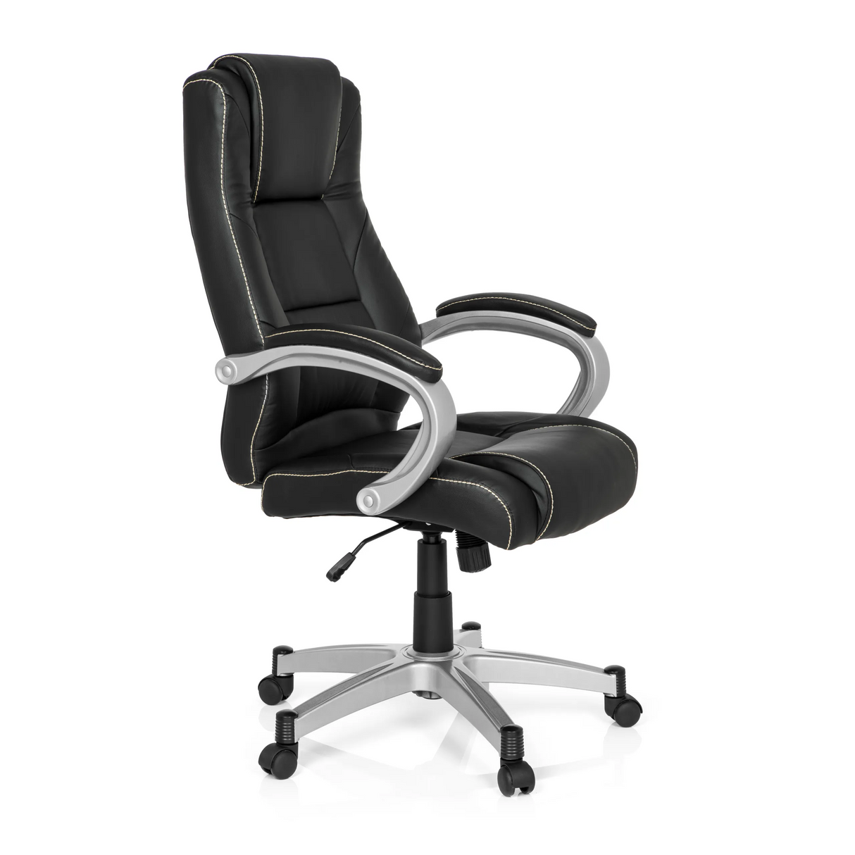 Schwarzer Gamingstuhl RELAX CL180 mit Polsterung und Fußkreuz mit fünf Rollen von MyBuero – 360-Grad-Ansicht (schräge Frontansicht 60°)