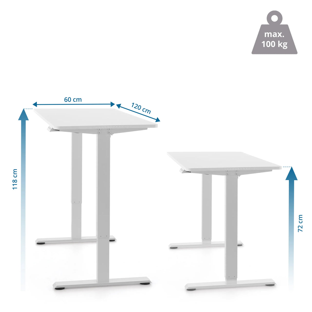 Maßzeichnung des elektrisch höhenverstellbaren Schreibtischs Worktime LED mit 120 × 60 cm von hjh OFFICE