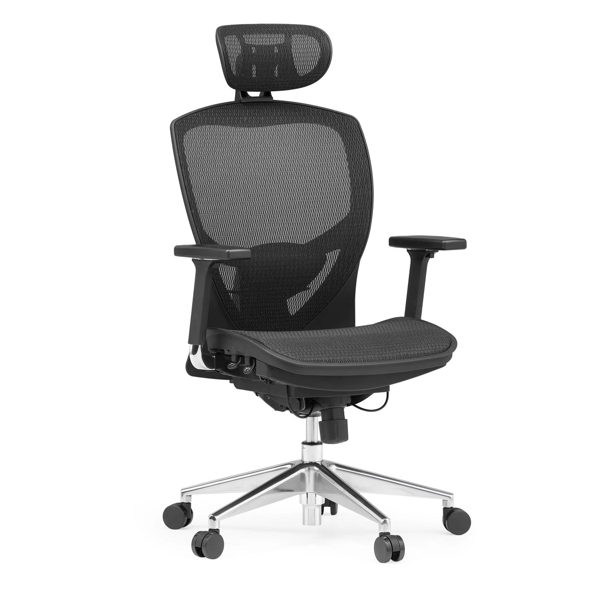 Schwarzer High-End-Bürostuhl VENUS ONE mit Netzrücken und Fußkreuz mit fünf Rollen von hjh OFFICE – 360-Grad-Ansicht (schräge Frontansicht 30°)