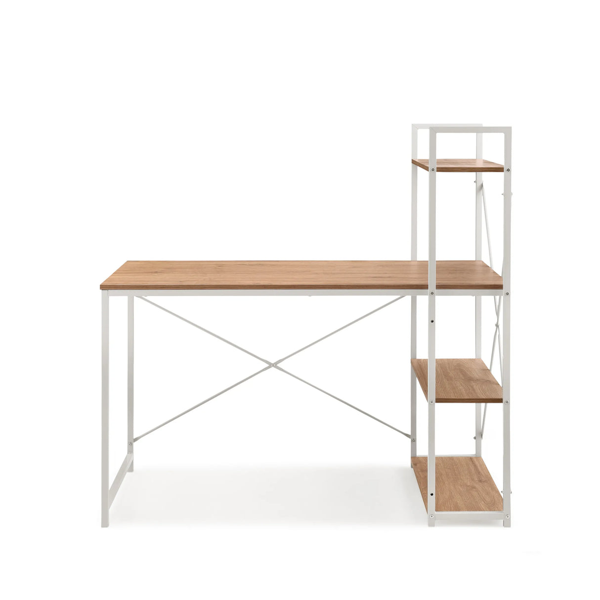 Schreibtisch Easy Up3 in Weiß und Eiche mit integriertem Regal und X-Streben von hjh LIVING – 360-Grad-Ansicht (Frontansicht 0°)