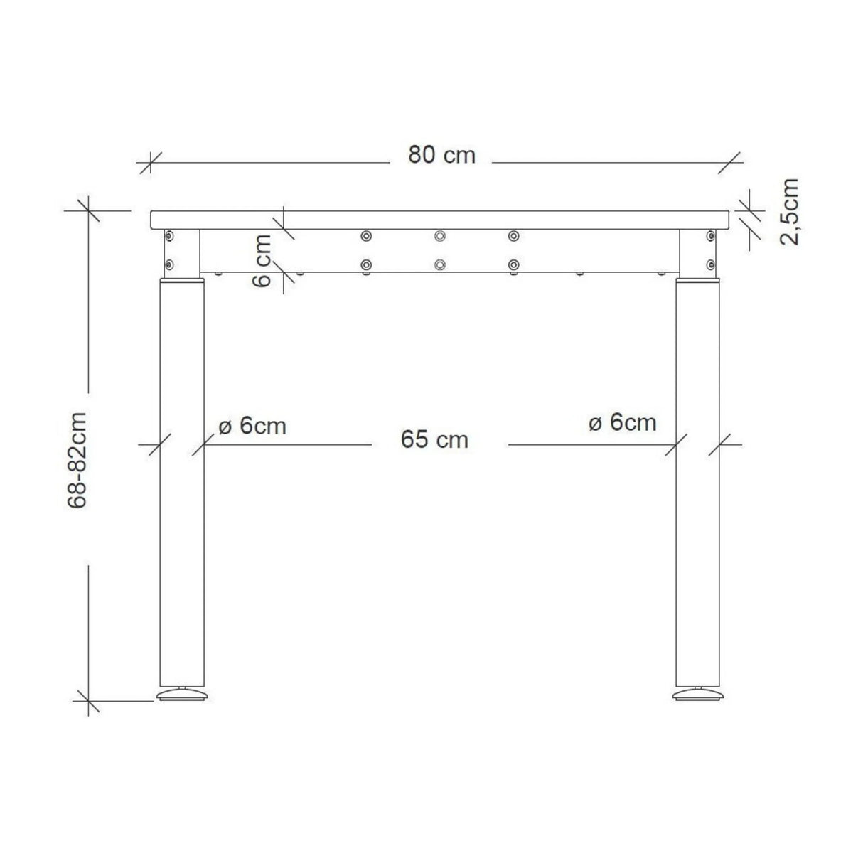 Maßzeichnung des Schreibtisches YAMA 8 S mit einer Breite von 80 cm und Höhe von 68-82 cm von hjh OFFICE PRO