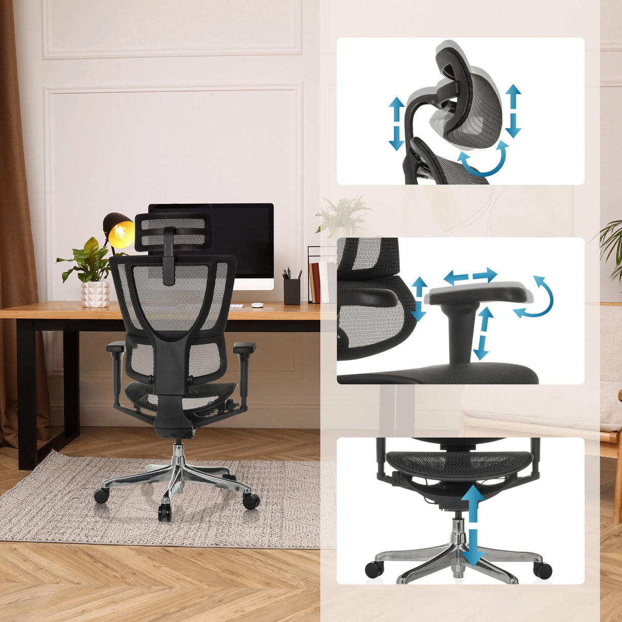 Verstellbare Kopfstütze, Armlehnen und Sitzhöhe des Luxus-Chefsessel ERGOHUMAN SLIM ULTRA GEN2 von hjh OFFICE