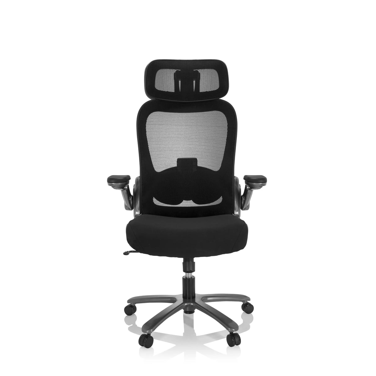Schwarzer XXL Drehstuhl INSTRUCTOR T I PRO mit Netzrücken und Fußkreuz mit fünf Rollen von hjh OFFICE – 360-Grad-Ansicht (Frontansicht 0°)