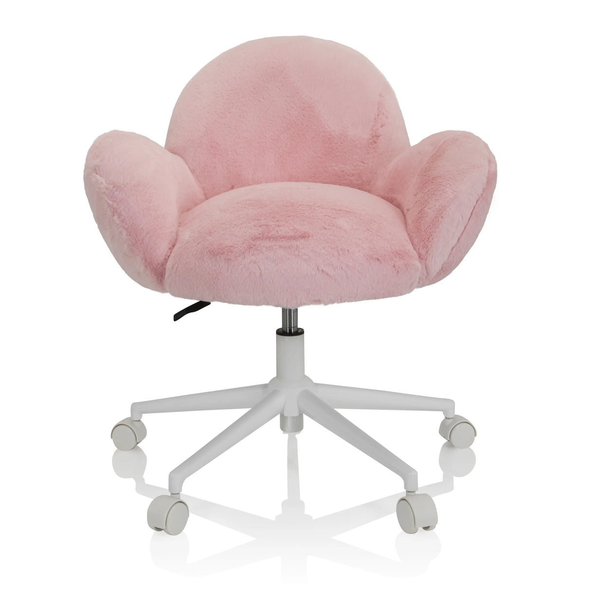 Rosa Kinderdrehstuhl KID TEDDY mit flauschigem Bezug und weißem Fußkreuz mit fünf Rollen von hjh OFFICE – 360-Grad-Ansicht (Frontansicht 0°)
