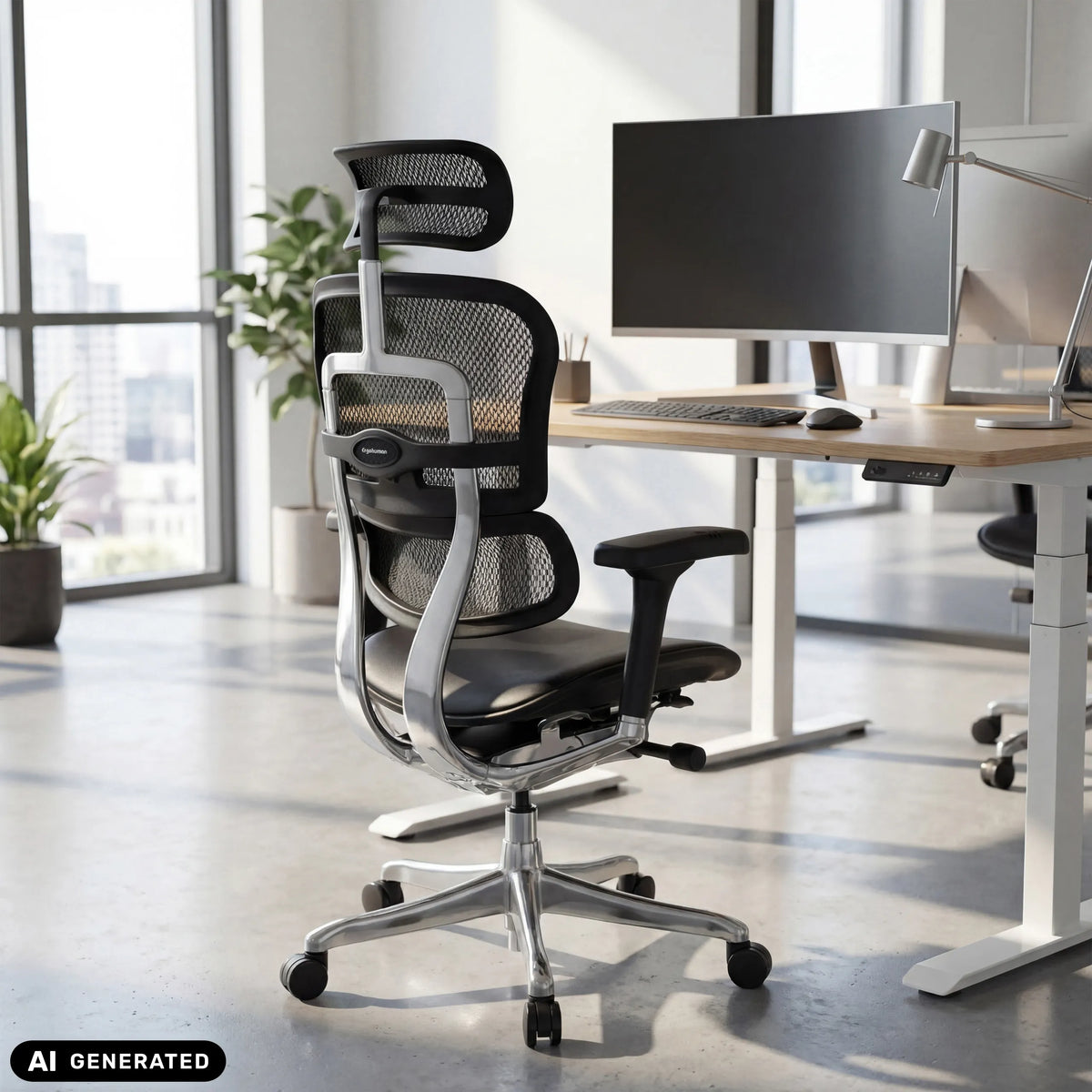 Luxus-Chefsessel ERGOHUMAN GEN2 mit Netzrückenlehne und Lederbezug in Schwarz von hjh OFFICE (KI-generiertes Bild)