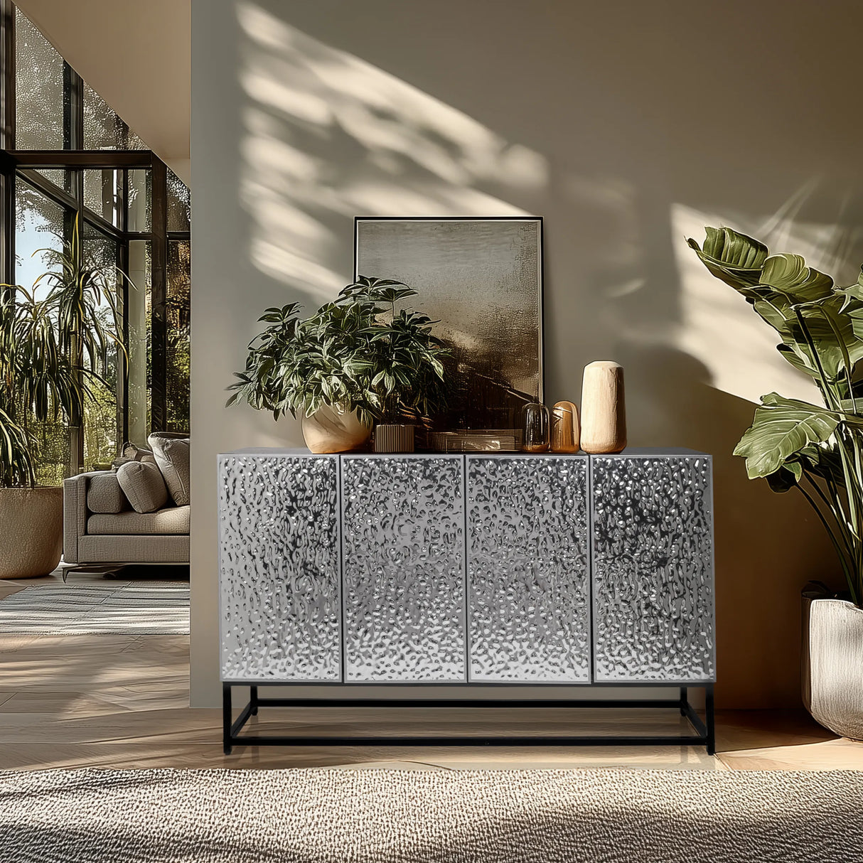 Silberfarbene Kommode METALLIO mit strukturierter Front und schwarzem Untergestell von hjh LIVING