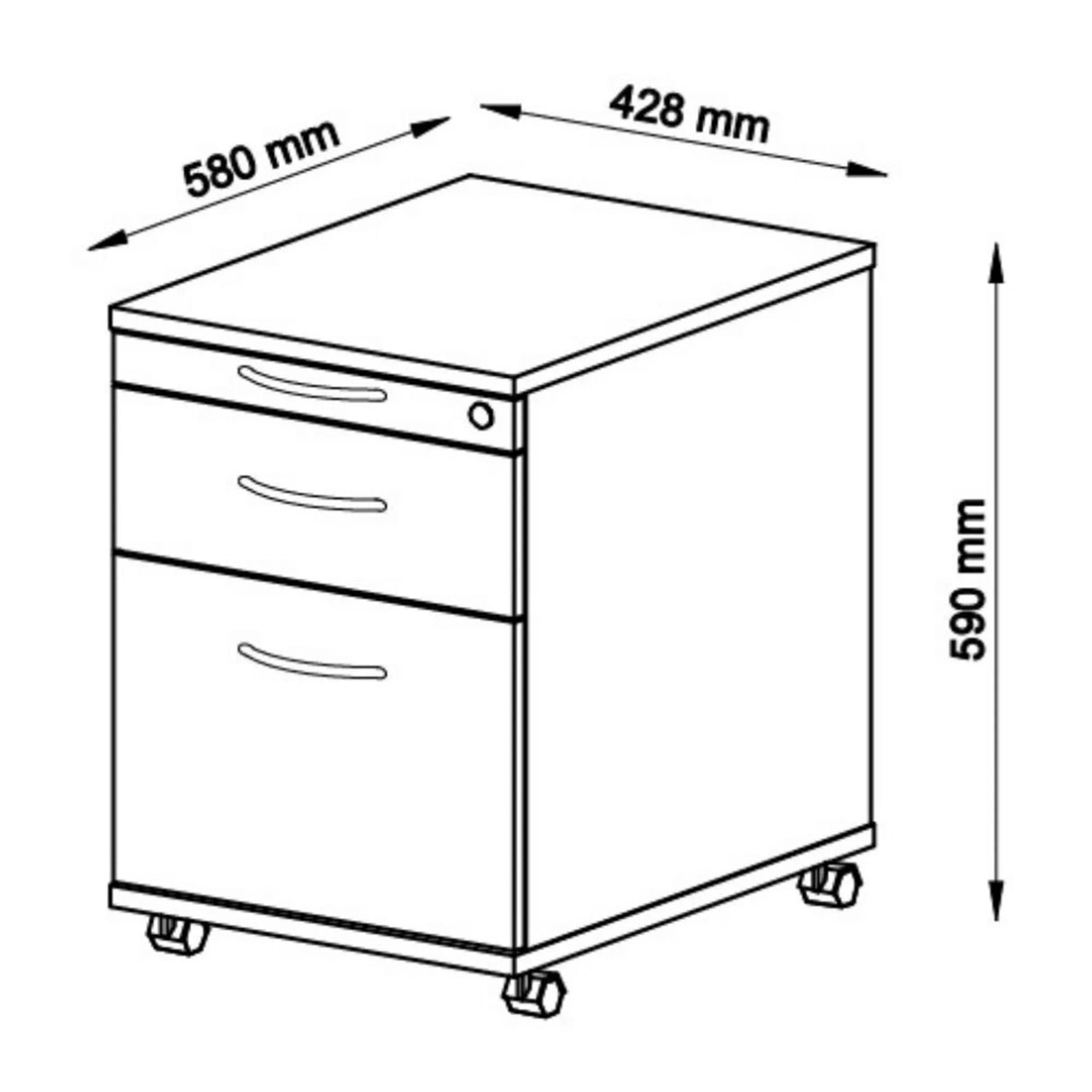 Technische Zeichnung des System Rollcontainers SIGNA AC20 mit 580 × 428 mm von hjh OFFICE PRO