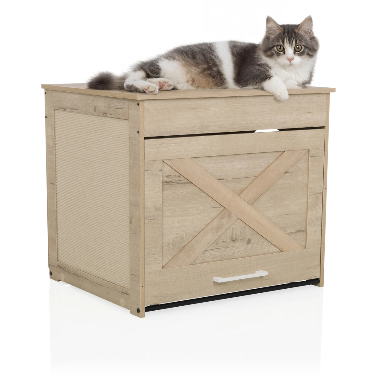 Katzenhaus KITTY PAWBOX 1 in Eiche-Optik mit einer liegenden Katze auf der Oberseite von hjh LIVING