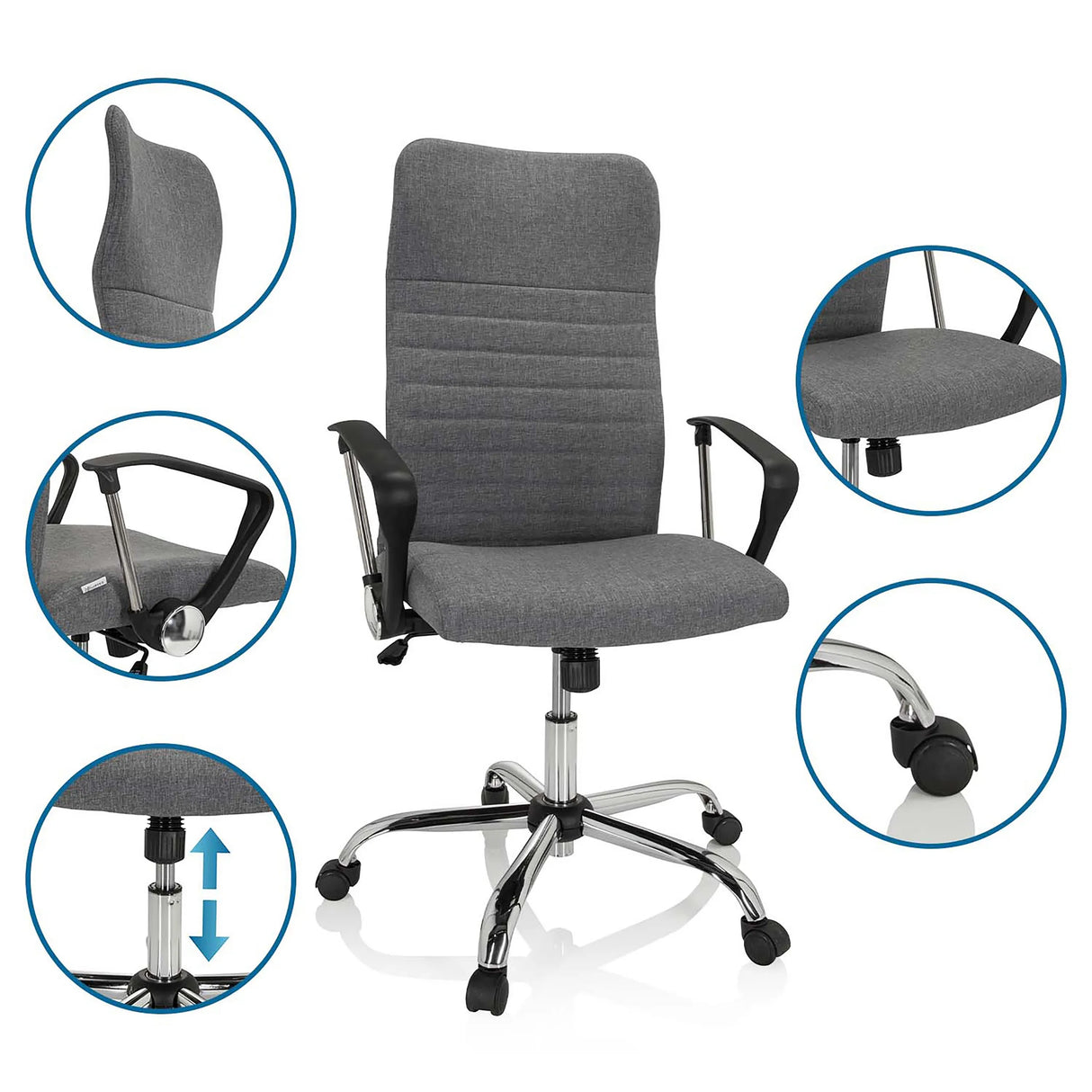 Grauer Homeoffice-Bürostuhl ARTON 40 mit Detailansichten von Rückenlehne, Armlehnen, Gasdruckfeder und Rollen von hjh OFFICE