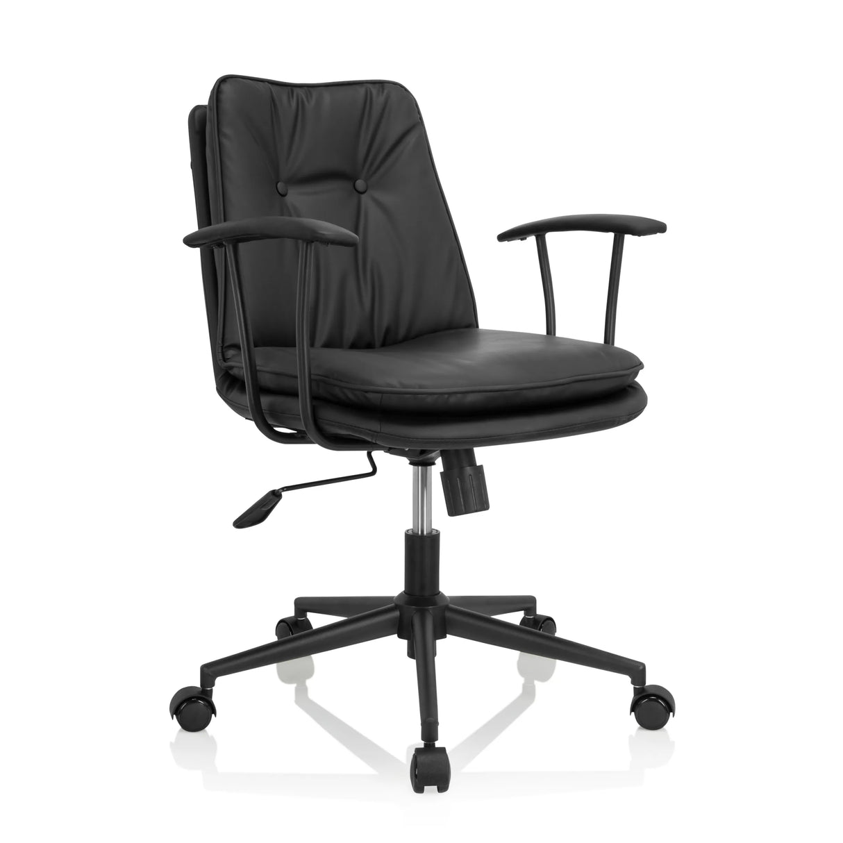Schwarzer Homeoffice-Bürostuhl SMALLO mit Polsterung und Fußkreuz mit fünf Rollen von hjh OFFICE – 360-Grad-Ansicht (schräge Frontansicht 40°)