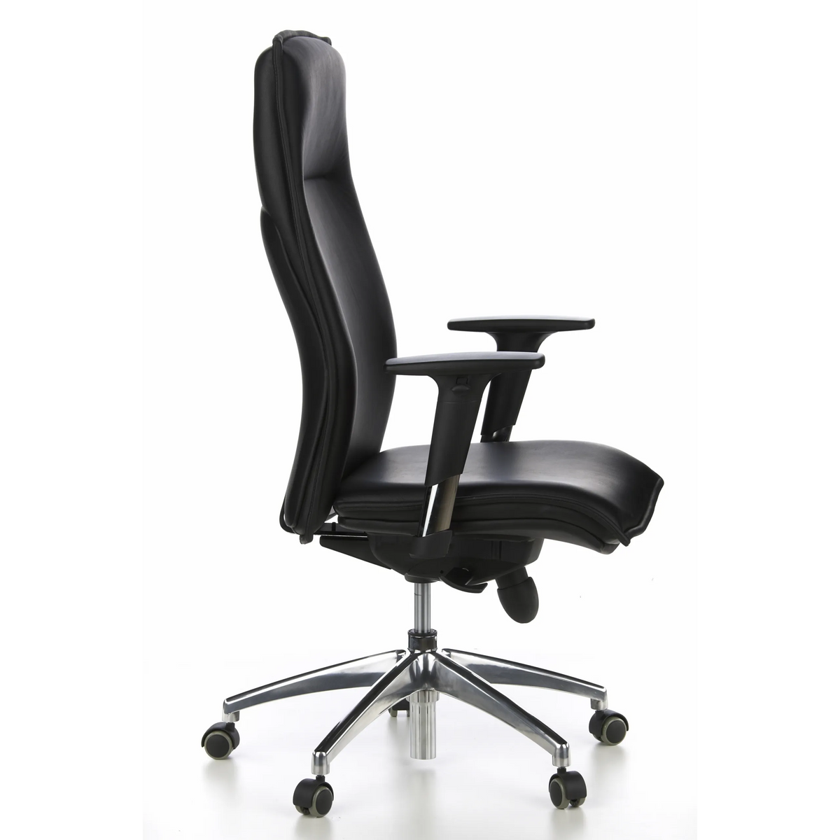Schwarzer Luxus-Chefsessel MURANO 20 mit Armlehnen und Fußkreuz mit fünf Rollen von hjh OFFICE – 360-Grad-Ansicht (Seitenprofil 80°)