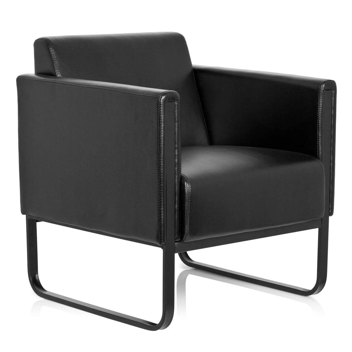 Schwarzer Polstersessel BALI BLACK mit Armlehnen und einem Gestell von hjh OFFICE – 360-Grad-Ansicht (schräge Frontansicht 40°)