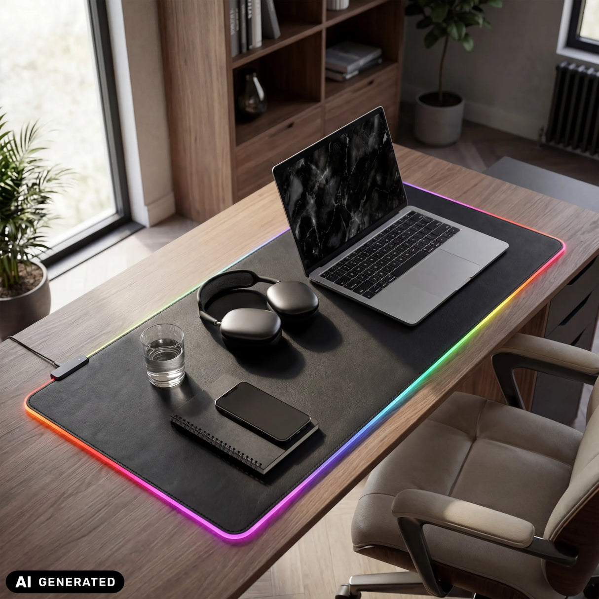 Schreibunterlage Padflux Game in Schwarz mit farbigem RGB-Leuchtstreifen am Rand von hjh OFFICE (KI-generiertes Bild)