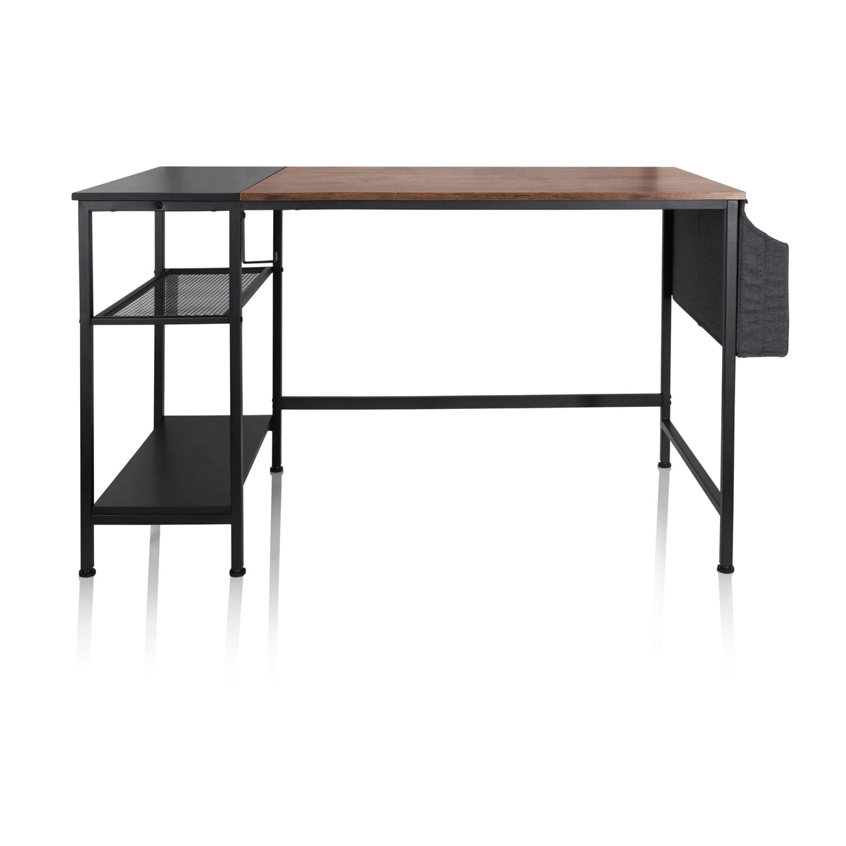 Schreibtisch WORKSPACE H I in Schwarz und Braun mit zwei Ablagen und seitlichem Stoffbeutel von hjh OFFICE – 360-Grad-Ansicht (Frontansicht 0°)