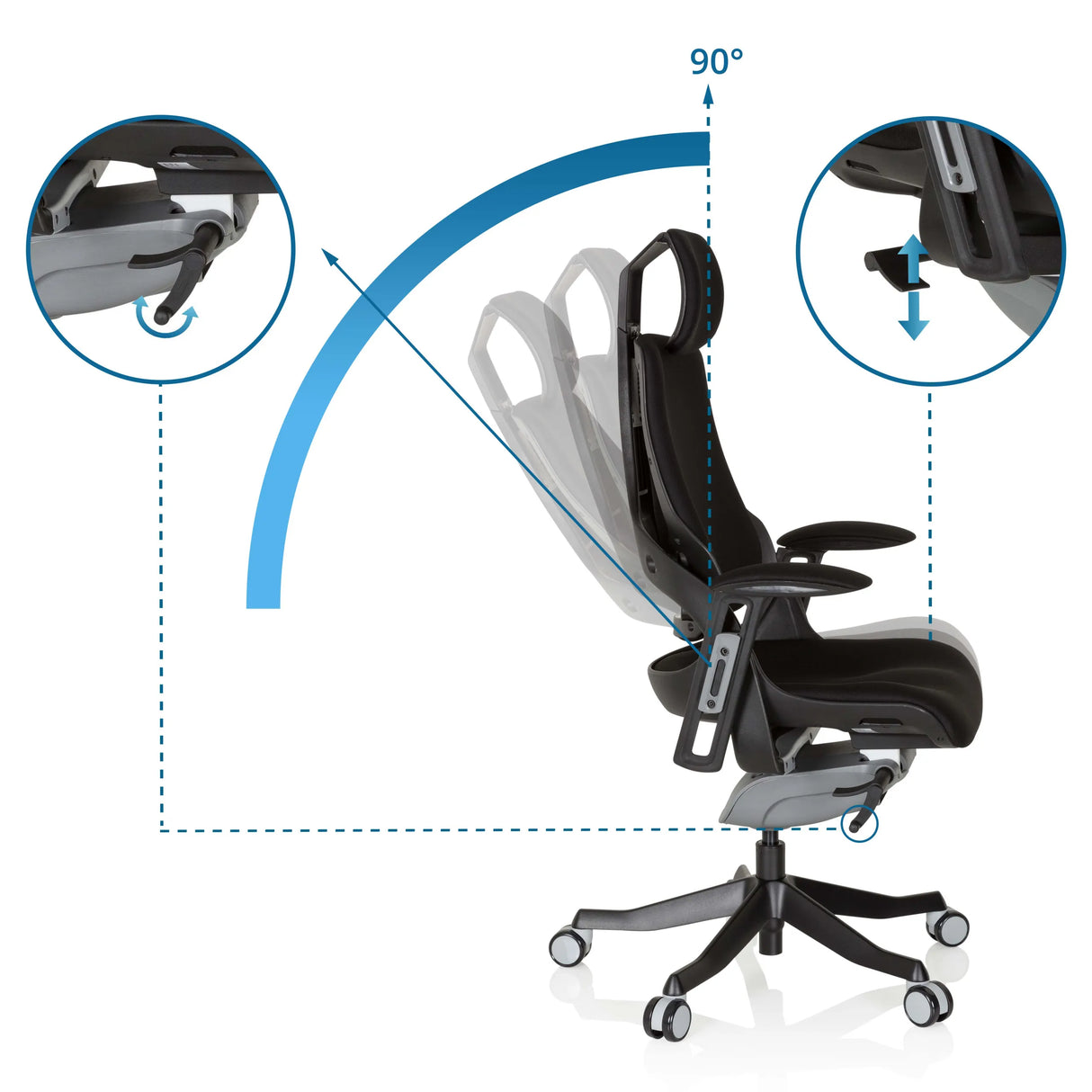 Verstellbare Rückenlehne des Profi-Bürostuhls SPEKTRE BLACK mit einem Neigungswinkel von 90° von hjh OFFICE