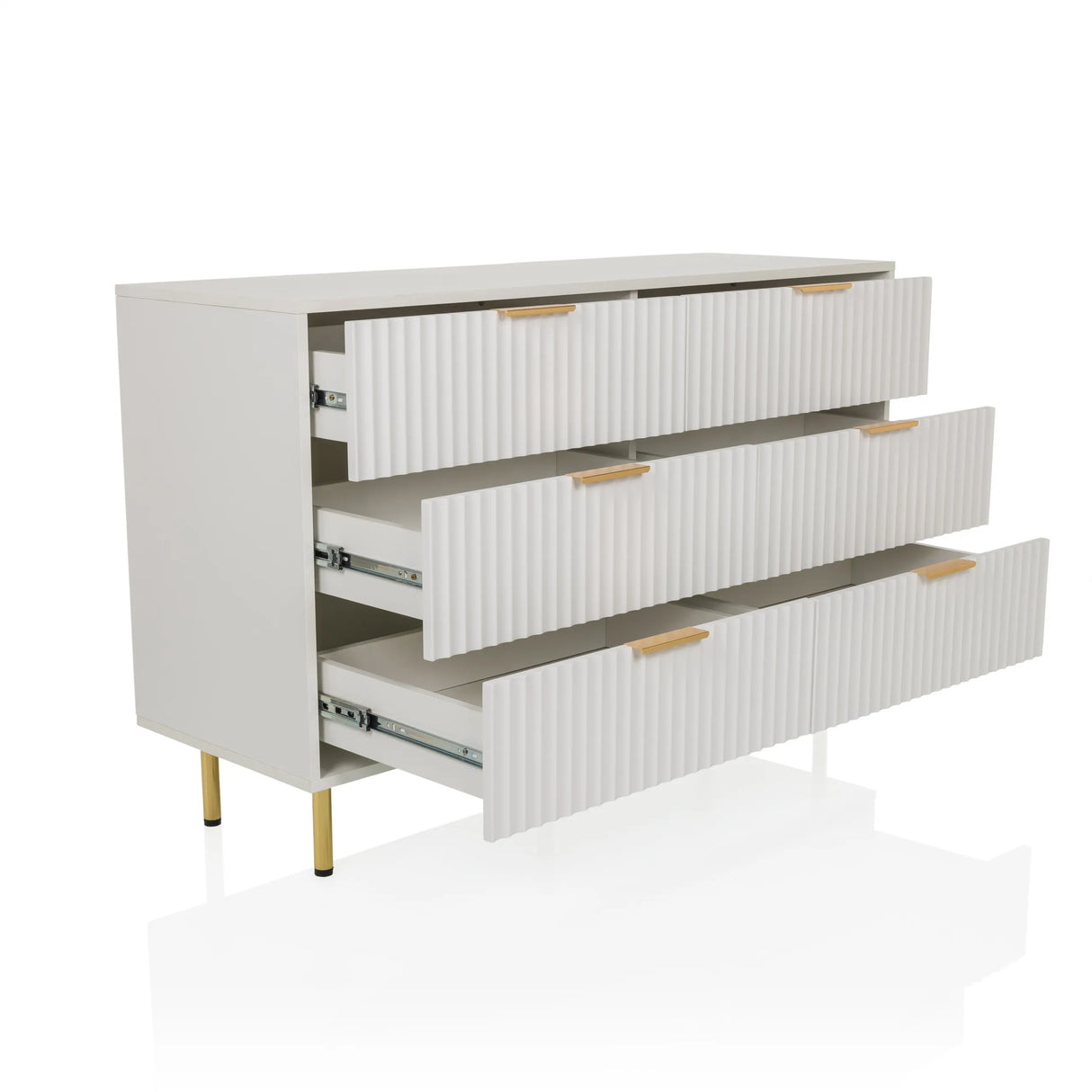 Weißes Sideboard HJELLE mit drei geöffneten Schubladen und goldfarbenen Füßen von hjh LIVING