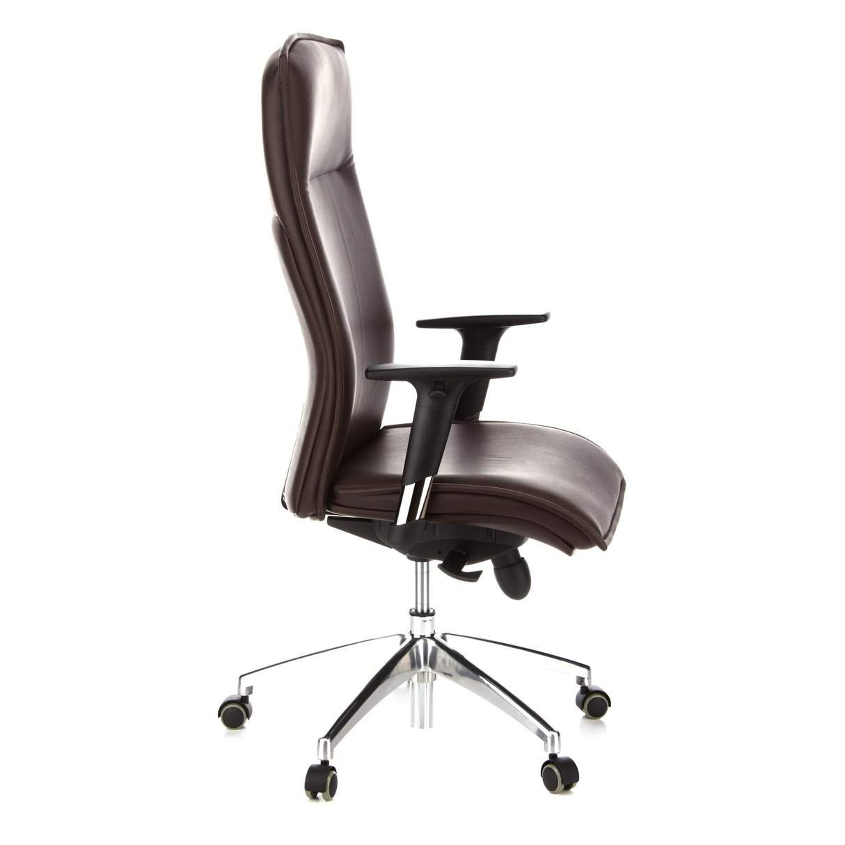 Dunkelbrauner Luxus-Chefsessel MURANO 20 mit Armlehnen und Fußkreuz mit fünf Rollen von hjh OFFICE – 360-Grad-Ansicht (Seitenprofil 80°)
