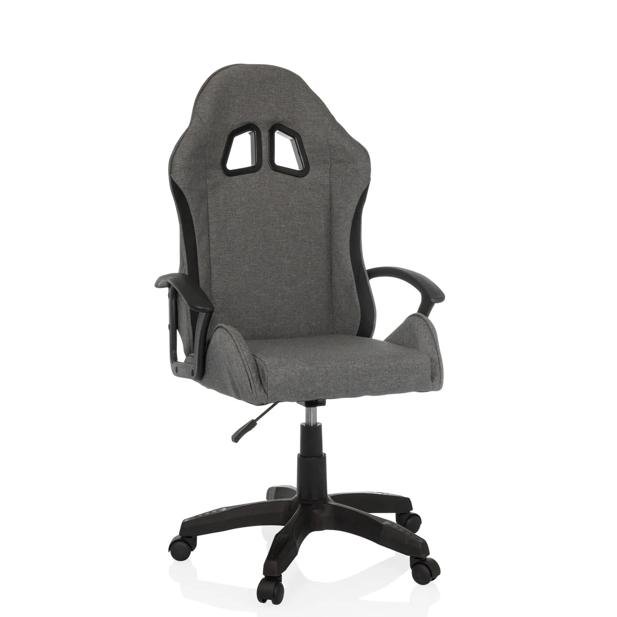 Grauer Gamingstuhl GAMEBREAKER W01 mit zwei Kopfstützenausschnitten und Fußkreuz mit fünf Rollen von MyBuero – 360-Grad-Ansicht (Frontansicht 15°)