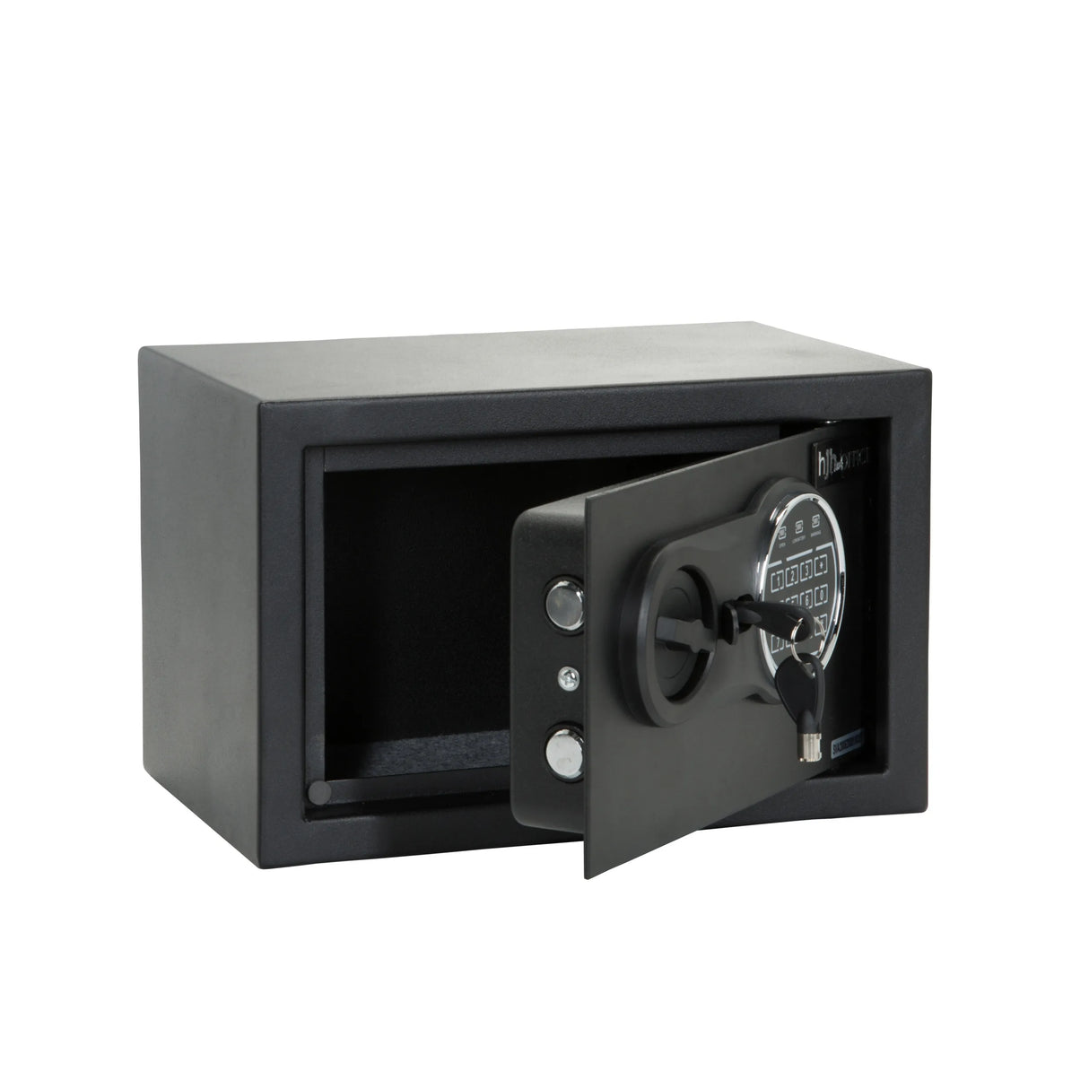 Schwarzer Tresor SAFE COMPACT III mit Zahlenschloss und Drehgriff von hjh OFFICE – 360-Grad-Ansicht (schräge Rückenansicht 120°)