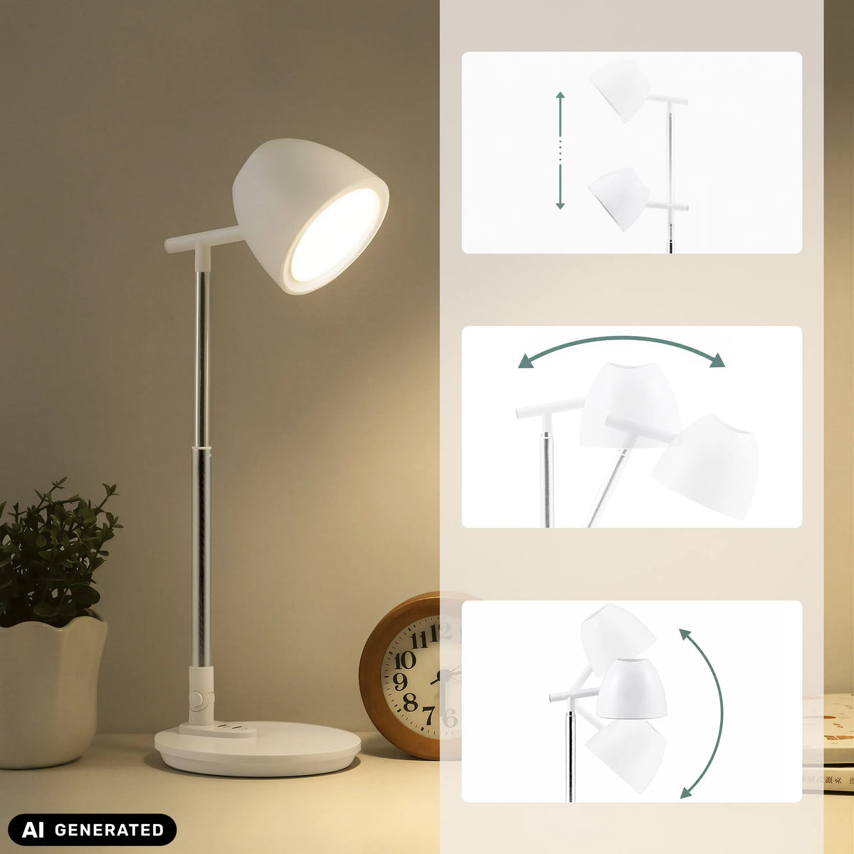 Höhen- und Neigungsverstellung der Schreibtischlampe Lumanova D3 in Weiß von hjh OFFICE (KI-generiertes Bild)