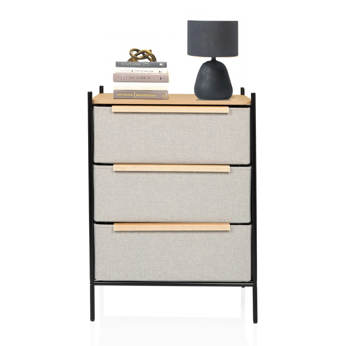 Kommode STUVAR in Taupe mit drei stoffbezogenen Schubladen und Holzgriffen von hjh LIVING