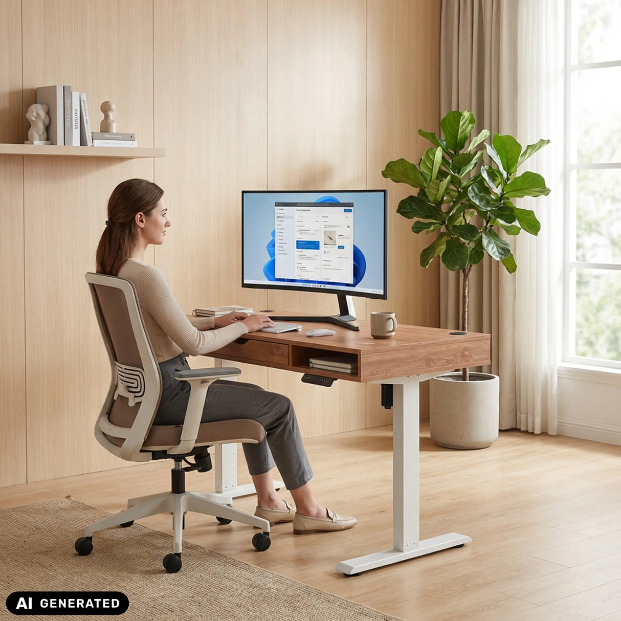 Elektrisch höhenverstellbarer Schreibtisch Worktime Style in Eiche und Weiß von hjh OFFICE (KI-generiertes Bild)