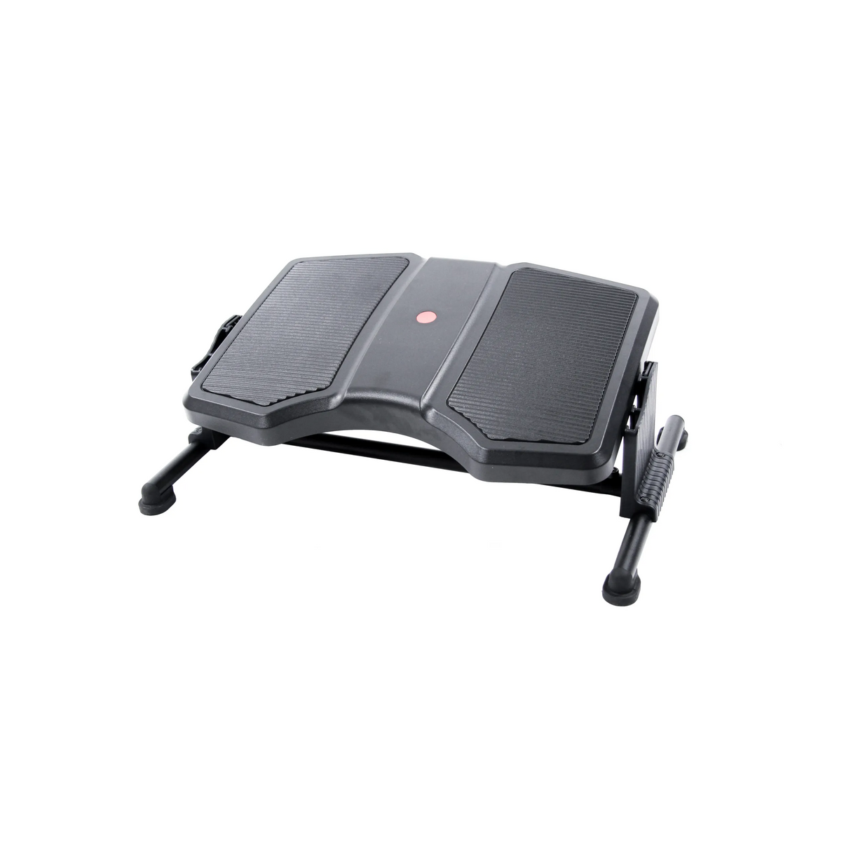 Schwarze Fußablage PODI II mit geriffelten Standflächen und Metallgestell von hjh OFFICE – 360-Grad-Ansicht (schräge Frontansicht 30°)
