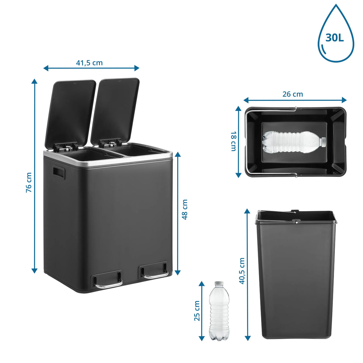 Maßzeichnung des Mülleimers Clean 9 mit 76 cm Höhe und 30 l Volumen von hjh OFFICE