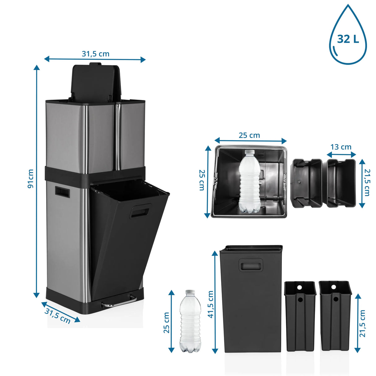 Maßzeichnung des Mülleimers CLEAN 3 mit 91 cm Höhe und 32 l Volumen von hjh OFFICE