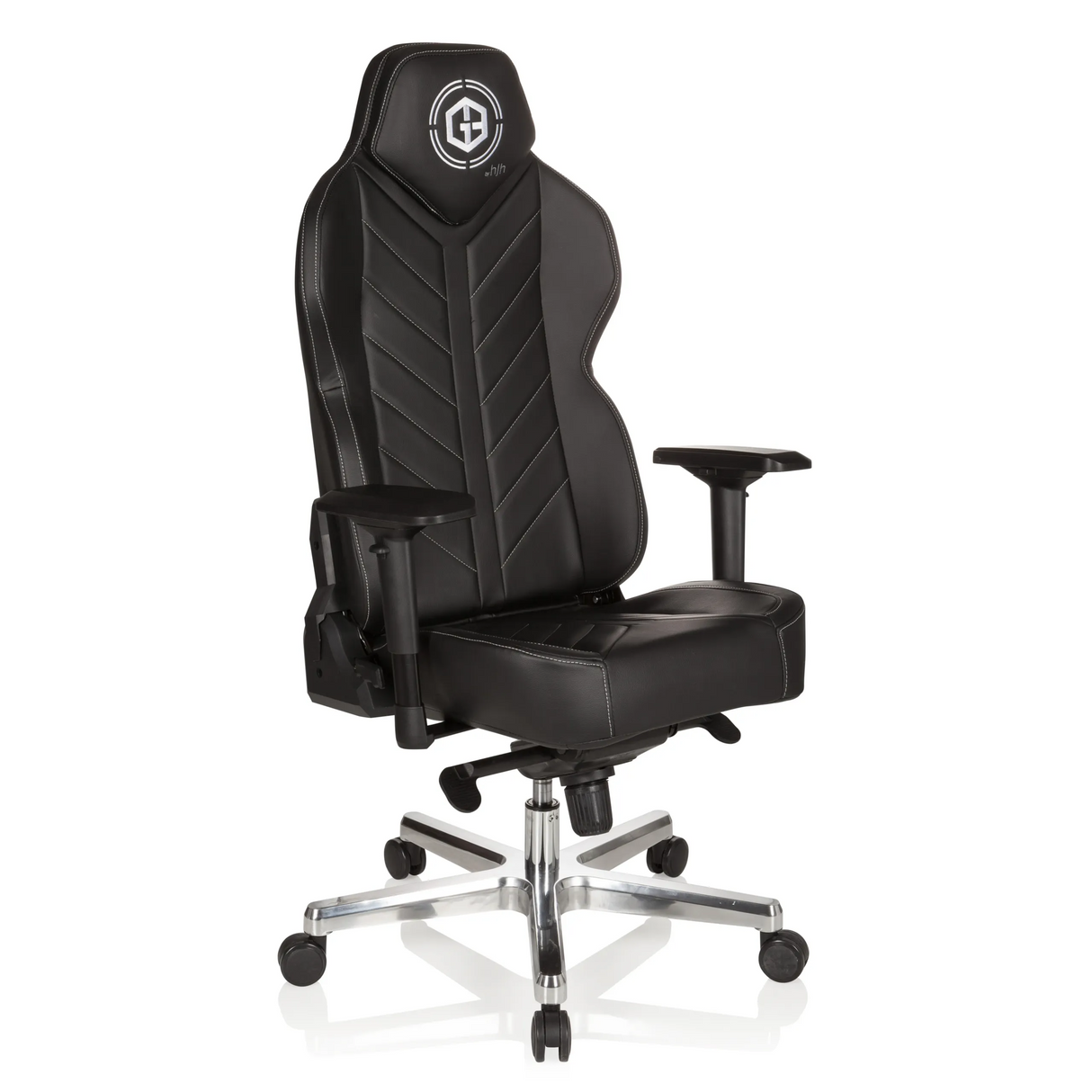 Schwarzer Gamingstuhl GAMEBREAKER COLOSSUS mit Armlehnen und glänzendem Fußkreuz mit fünf Rollen von hjh OFFICE – 360-Grad-Ansicht (schräge Frontansicht 40°)