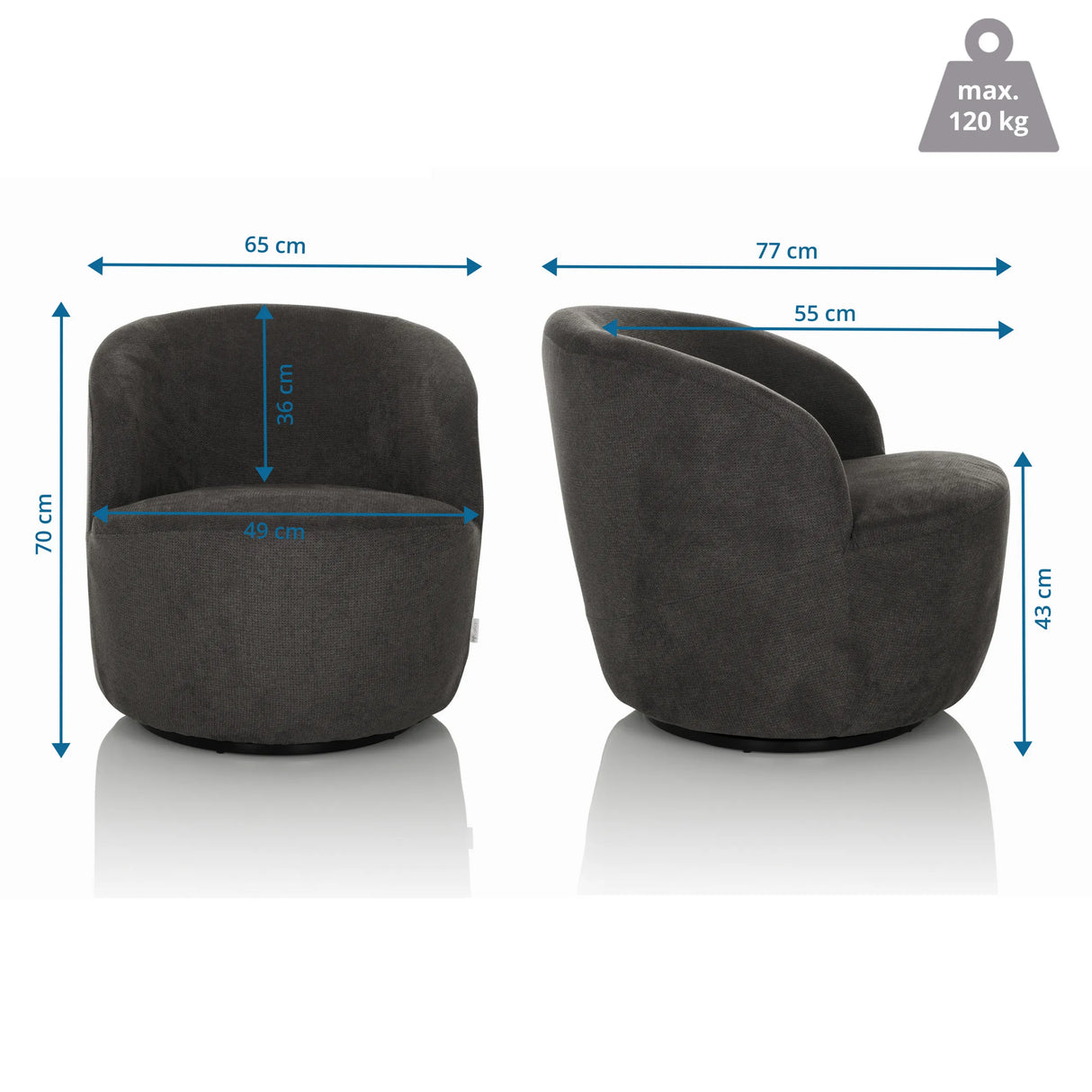 Maßansicht des Loungesessels BRAMWICH mit einer Breite von 65 cm und einer Höhe von 70 cm von hjh LIVING