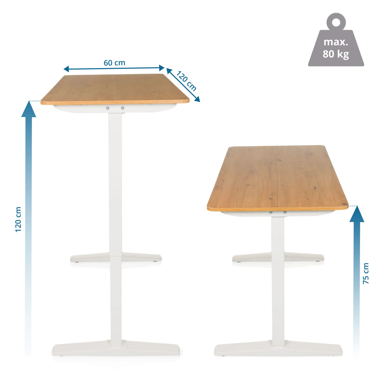 Maßzeichnung des elektrisch höhenverstellbaren Schreibtischs STAND BASIC mit 120 x 60 cm von hjh OFFICE