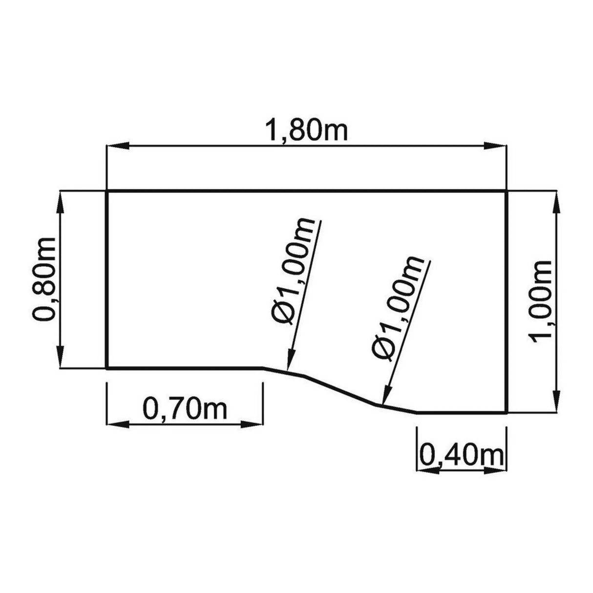 Technische Zeichnung des Schreibtischs UNDA 18 W mit 1,80 × 1,00 m von hjh OFFICE PRO