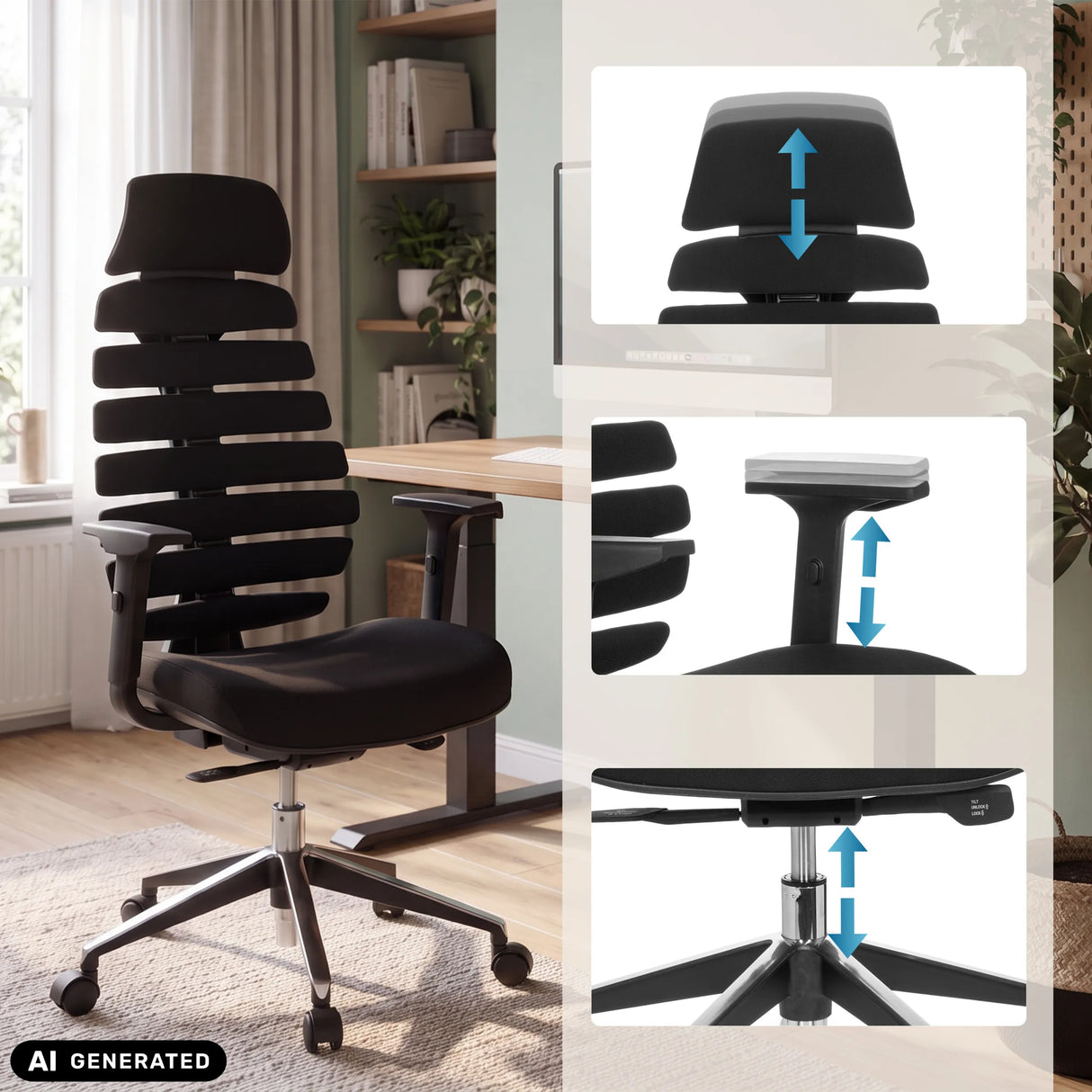 Höhenverstellbare Elemente des schwarzen Profi-Bürostuhls ERGO LINE II PRO von hjh OFFICE (KI-generiertes Bild)